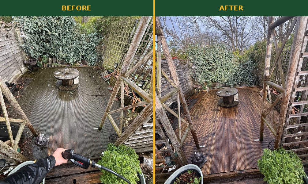 Garden decking pressure wash before and after