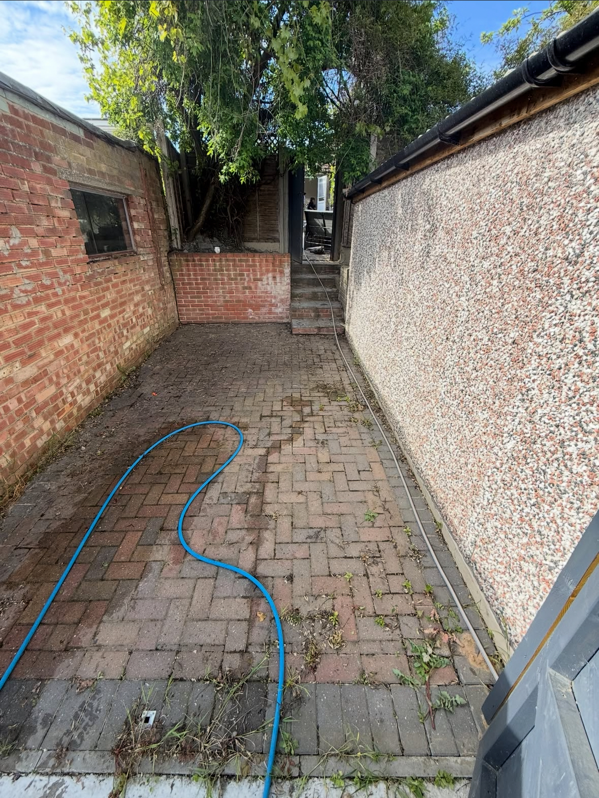Side passage patio before pressure washing